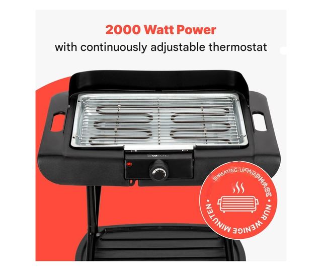 2 az 1-ben elektromos grill lábakkal, Clatronic, 2000 W, fekete
