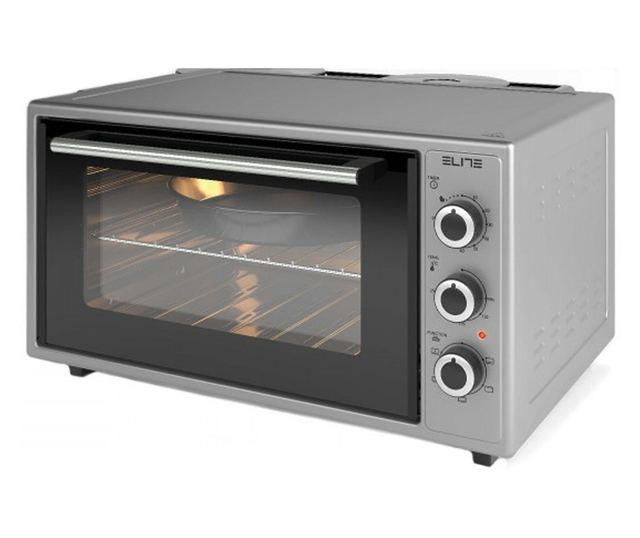 Kis tűzhely Elite EMO-FL 48 2589, 2000W, 48 liter, 3 üzemmód, Dupla üveg, Termosztát, Időzítő, Turbóventilátor, Szürke