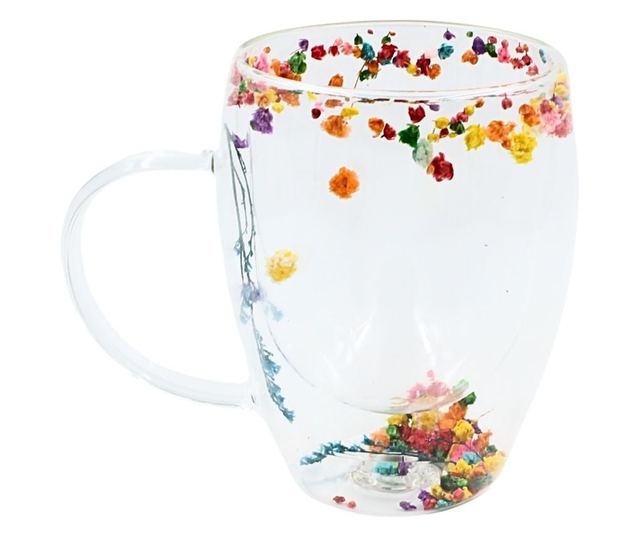 Aurora Bloom Duplafalú Boroszilikát Üveg Bögre Szárított Virágokkal, 350ml