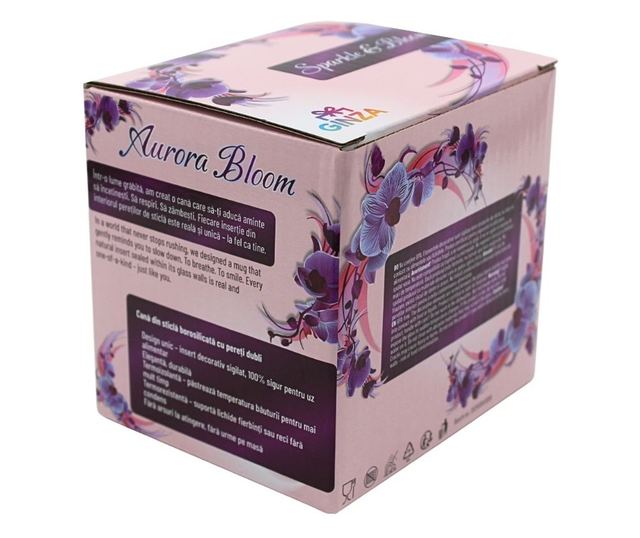 Duplafalú üveg bögre toll- és pasztellgyöngy betéttel, 350 ml, Aurora Bloom