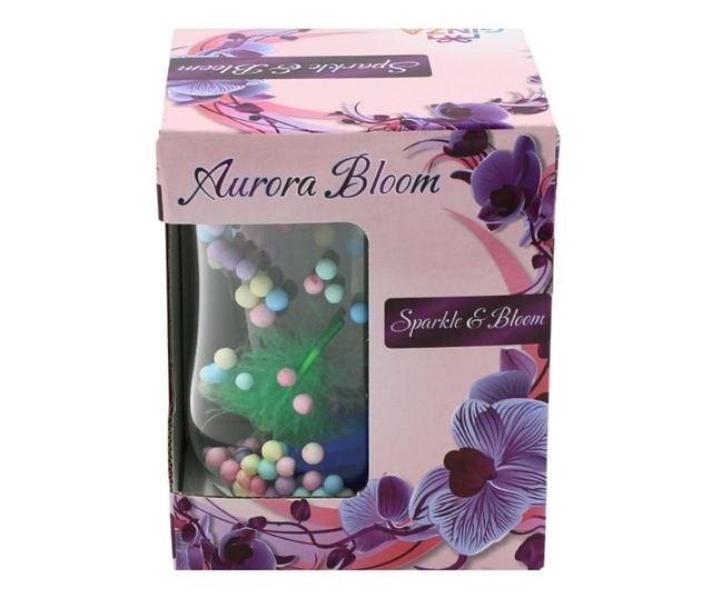 Üveg lila, zöld tollbetéttel és pasztell színű gyöngyökkel, dupla falú, boroszilikát üveg, 200 ml, Aurora Bloom