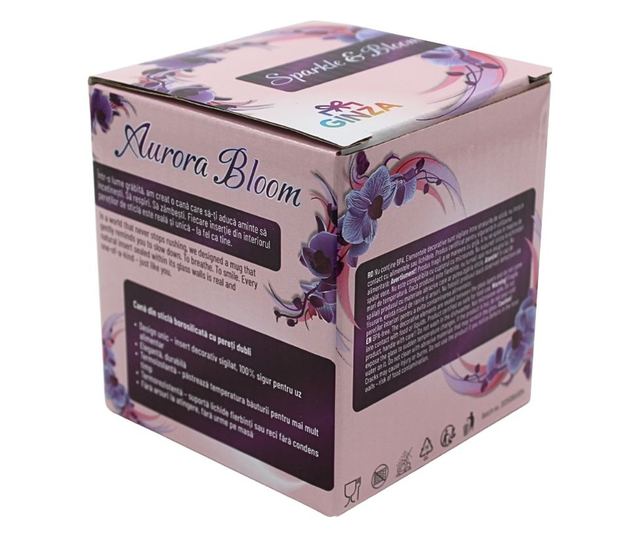 Üveg lila, zöld tollbetéttel és pasztell színű gyöngyökkel, dupla falú, boroszilikát üveg, 200 ml, Aurora Bloom