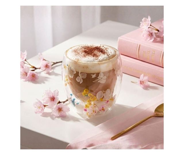 Üveg szárított virágbetéttel, hortenziával és menyasszonyi fátyollal, fehér és sárga, dupla falú, boroszilikát üveg, 250 ml, Aur