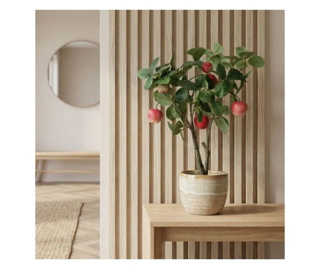 Mesterséges Gyümölcsfa Növény 60 cm, Alma Gyümölcsökkel és Zöld Levelekkel – Beltéri Használatra, Fekete Cseréppel