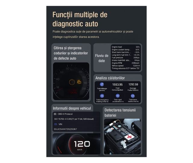 Tester Diagnoza Auto OBD2 Techstar DA200 cu Aplicatie AI, Resetare Coduri Eroare, Date in Timp Real, Compatibil Majoritatea Masi