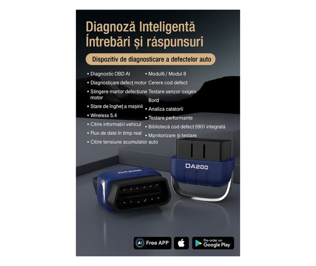 Tester Diagnoza Auto OBD2 Techstar DA200 cu Aplicatie AI, Resetare Coduri Eroare, Date in Timp Real, Compatibil Majoritatea Masi