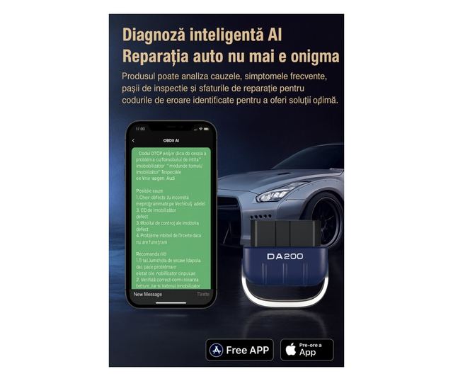 Tester Diagnoza Auto OBD2 Techstar DA200 cu Aplicatie AI, Resetare Coduri Eroare, Date in Timp Real, Compatibil Majoritatea Masi