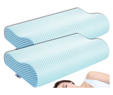 2 db memóriahabos ortopéd párna Linomag®, ergonomikus, levehető huzat, fehér/kék, 60×35 cm