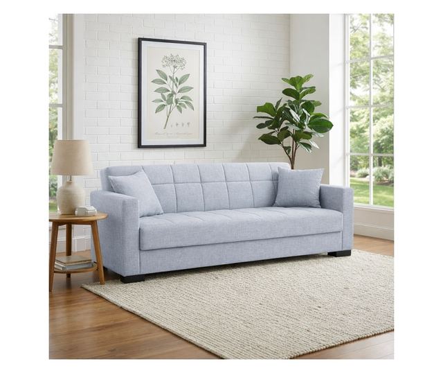 Canapea extensibilă Marbella, 3 locuri, material textil gri deschis, cu ladă depozitare şi arcuri, 210*78*78