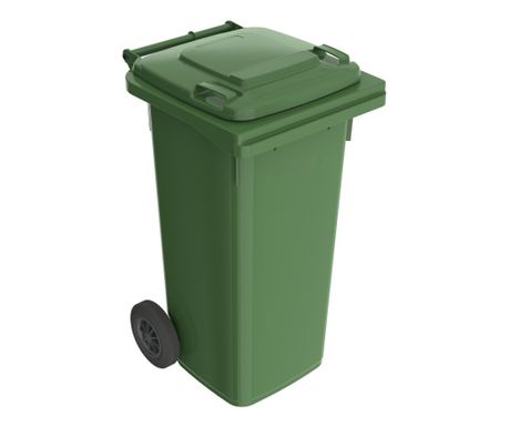 Kontejner za otpad Klausstech, kapacitet 120 litara, 2 kotača, ručka za transport, ergonomski dizajn, kompaktan, zelene boje.