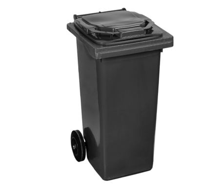 Kontejner za otpad Klausstech, kapacitet 120 litara, 2 kotača, ručka za transport, ergonomski dizajn, kompaktan, crne boje.