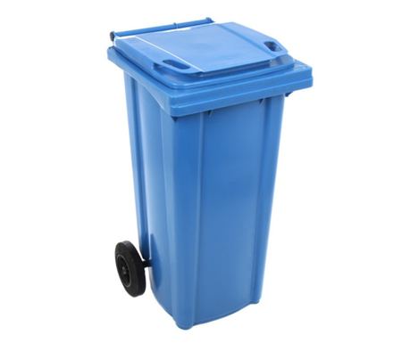 Kontejner za otpad Klausstech, kapacitet 120 litara, 2 kotača, ručka za transport, ergonomski dizajn, kompaktan, plave boje.