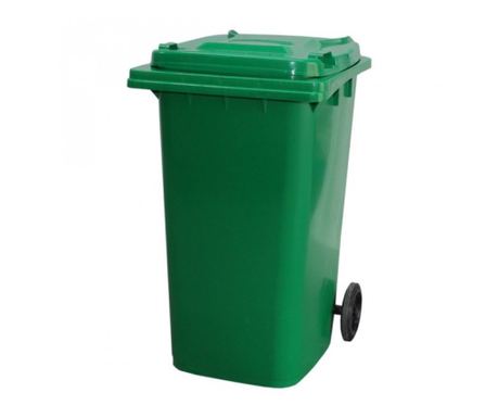 Kanta za smeće KlaussTech, kapacitet 240 litara, 2 kotača, ručka za transport, ergonomska, kompaktna, zelena.