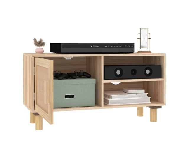 Comodă TV, maro, 80x30x40 cm, lemn masiv pin și ratan natural