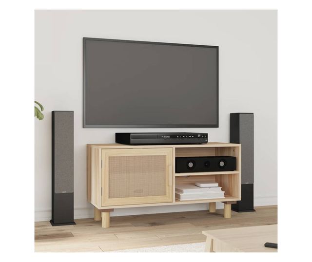 Comodă TV, maro, 80x30x40 cm, lemn masiv pin și ratan natural