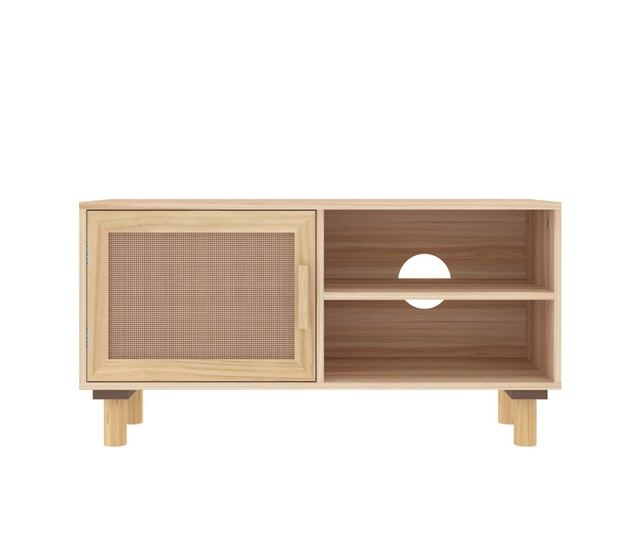 Comodă TV, maro, 80x30x40 cm, lemn masiv pin și ratan natural
