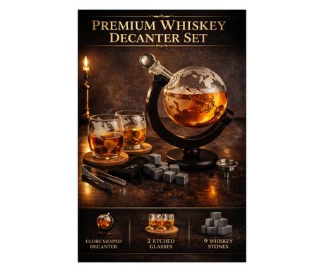 Set sticlă Whisky cu decantor Glob Pământesc 850 ml și 2 pahare, stil elegant