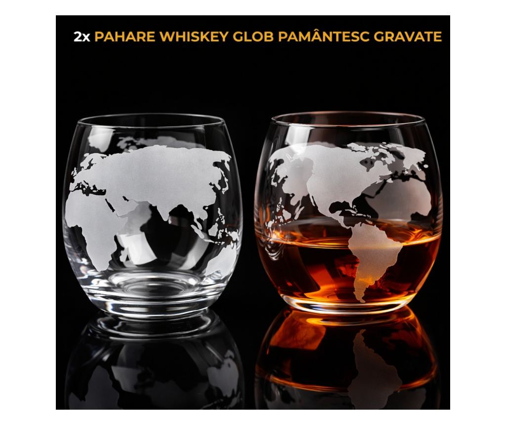 Set sticlă Whisky cu decantor Glob Pământesc 850 ml și 2 pahare, stil elegant - 2