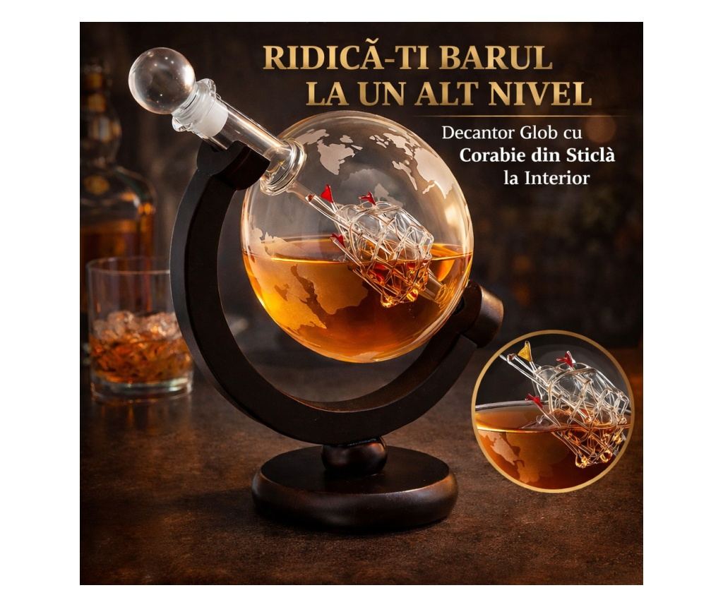 Set sticlă Whisky cu decantor Glob Pământesc 850 ml și 2 pahare, stil elegant - 4