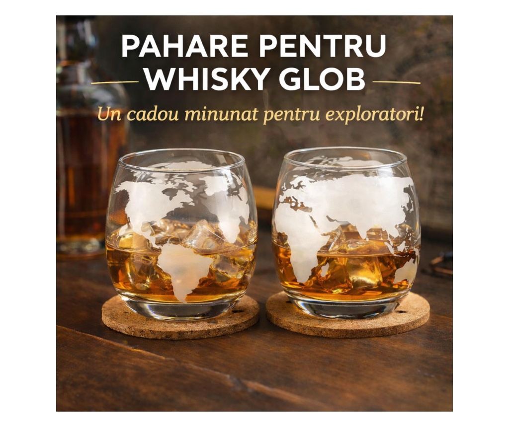 Set sticlă Whisky cu decantor Glob Pământesc 850 ml și 2 pahare, stil elegant - 5