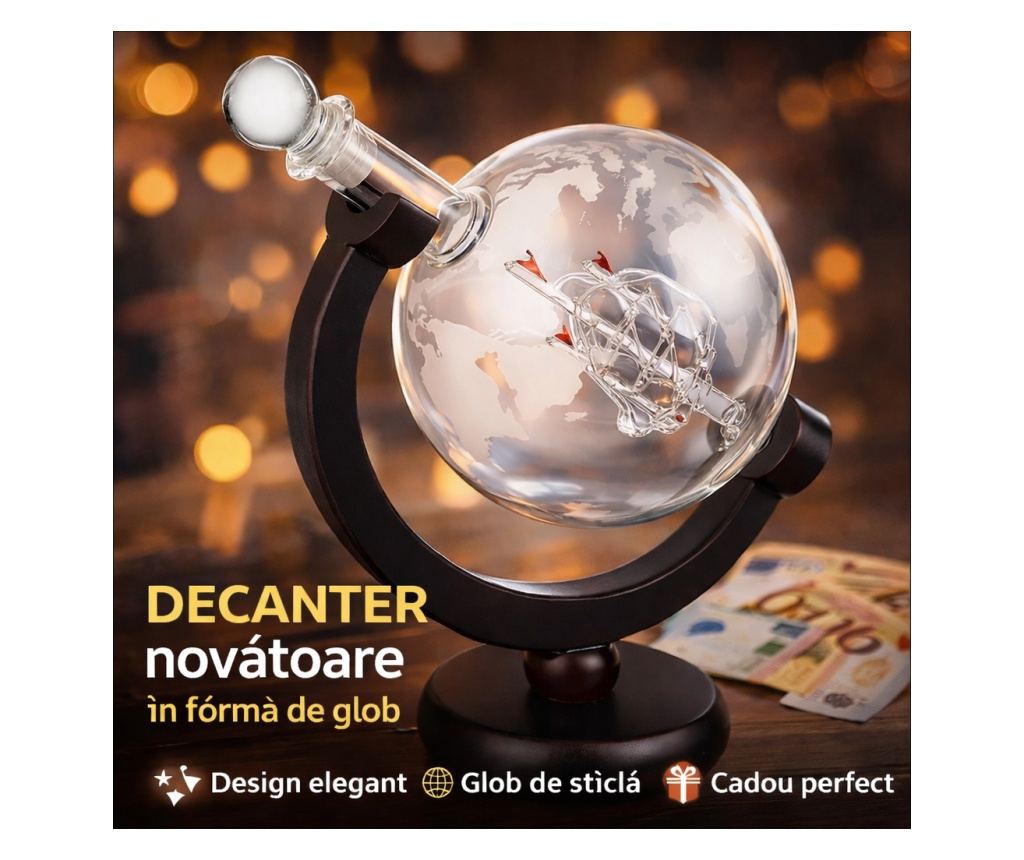 Set sticlă Whisky cu decantor Glob Pământesc 850 ml și 2 pahare, stil elegant - 7