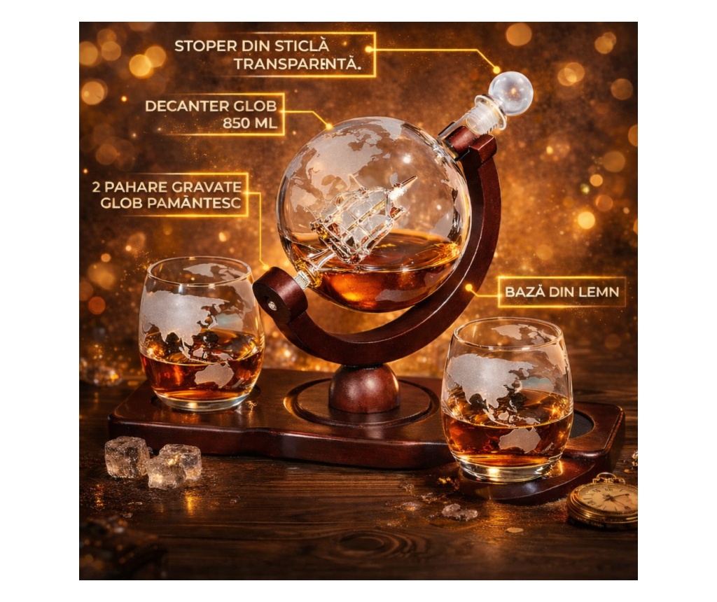 Set sticlă Whisky cu decantor Glob Pământesc 850 ml și 2 pahare, stil elegant - 9
