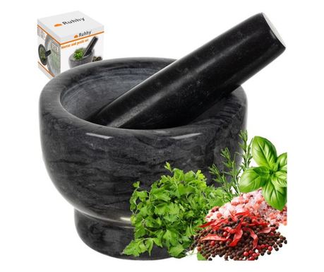 Mojar cu pistil Ruhhy, 12.5 cm, Marmură, pentru bucătărie, culoare Negru