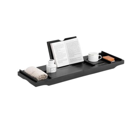 Masuta extensibila pentru cada Navaris, din bambus, 75–108 cm, masuta de servire la pat, cu suport pentru carte, tableta si paha