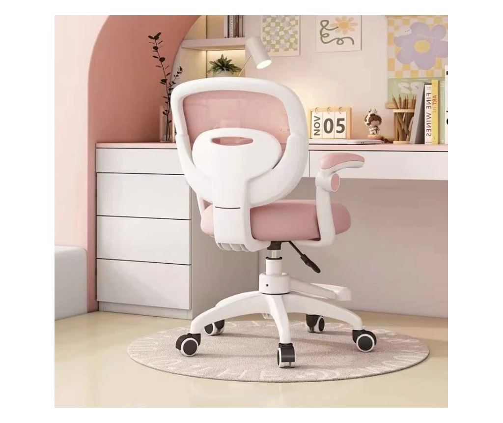 Scaun de birou, hidraulic si pivotant, pentru copii, rotativ cu sezut din spuma, spatar ergonomic, culoare roz - 2
