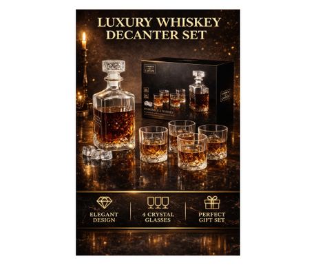 Set pahare și decantor pentru Whisky COOK Concept, 4 pahare 200 ml, decantor 940 ml, sticlă transparentă, stil modern