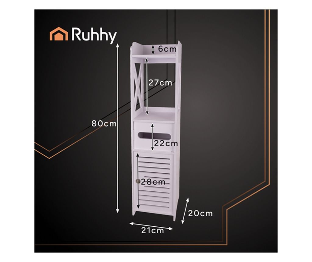 Ruhhy Dulap de baie cu suport pentru hârtie igienică, Design compact, 80x20x20cm - 8