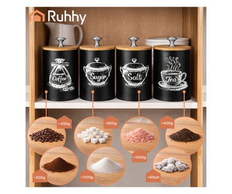 Ruhhy Set Borcane Depozitare 24578, 4 bucăți x 1.5L, Oțel Inoxidabil