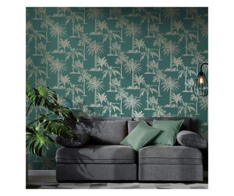 DUTCH WALLCOVERINGS Тапет с тропически дървета, тюркоаз и сребристо