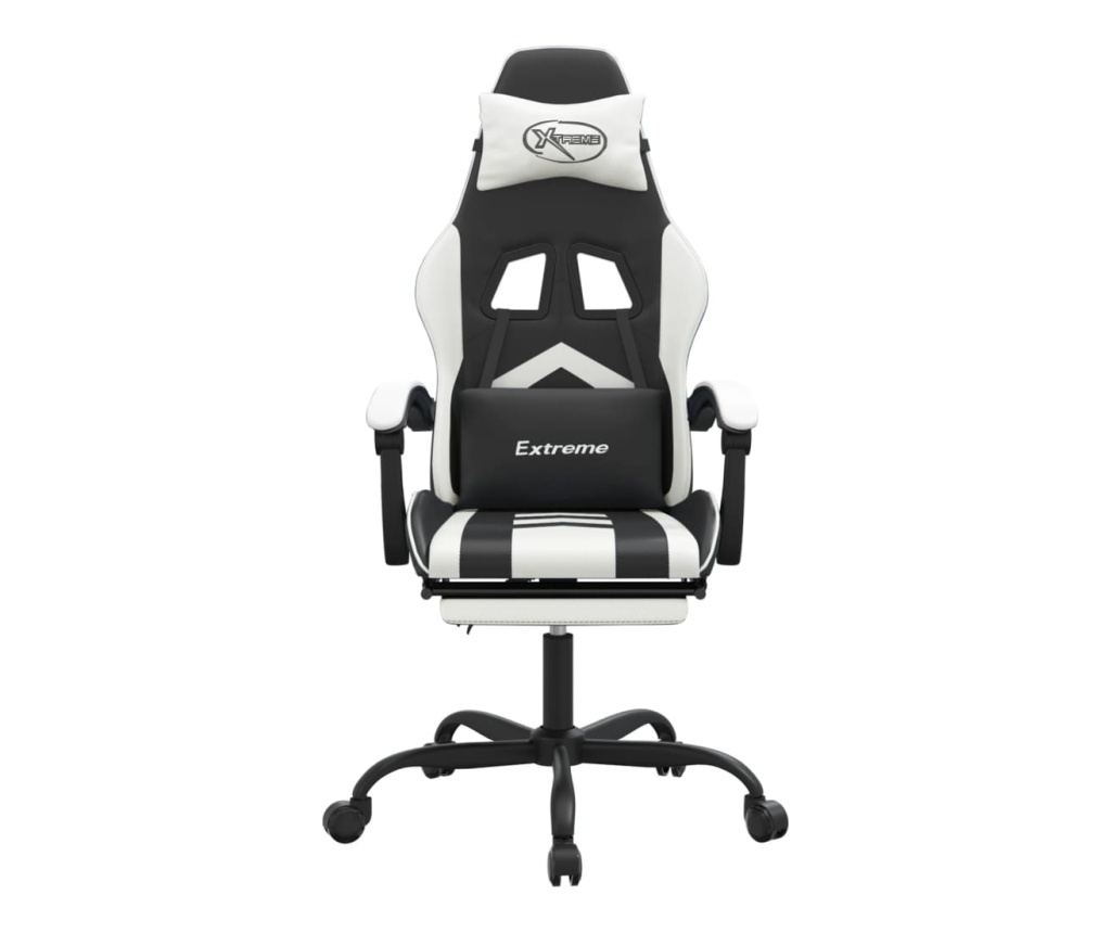 Геймърски стол с подложка за крака, черна/бяла еко кожа - 3