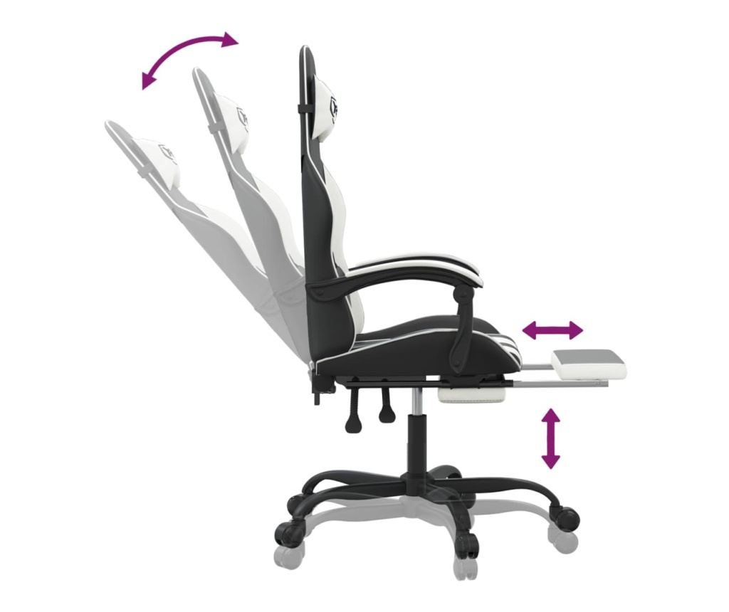 Геймърски стол с подложка за крака, черна/бяла еко кожа - 11