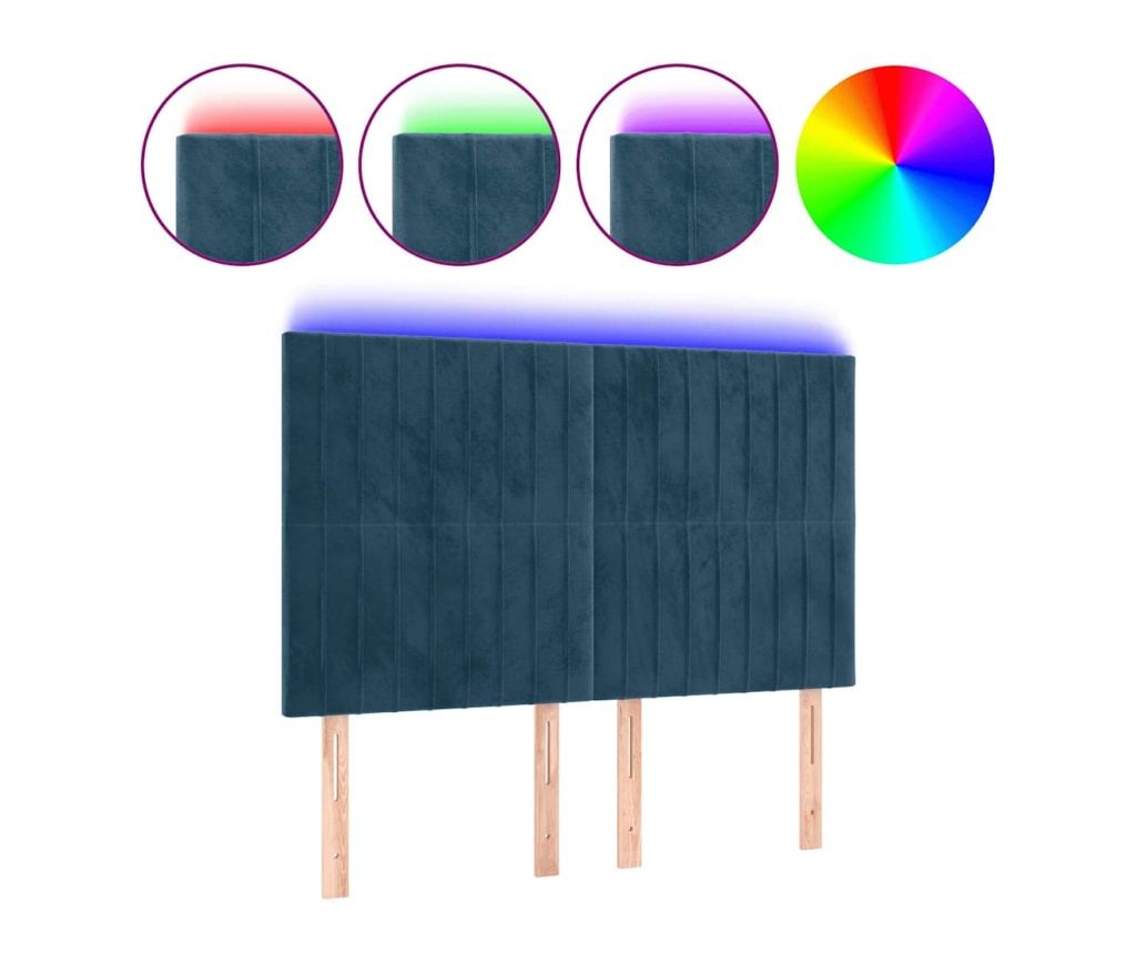 LED Табла за легло, Тъмносиньо, 144x5x118/128 см, Кадифе - 2
