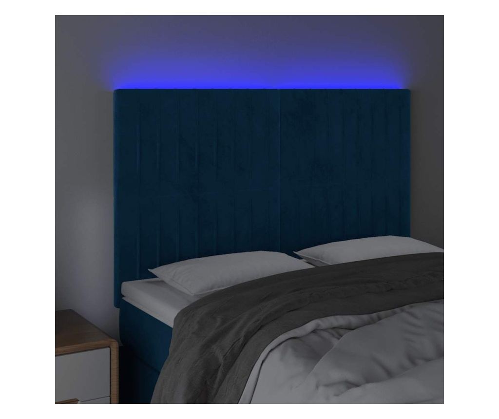 LED Табла за легло, Тъмносиньо, 144x5x118/128 см, Кадифе - 3
