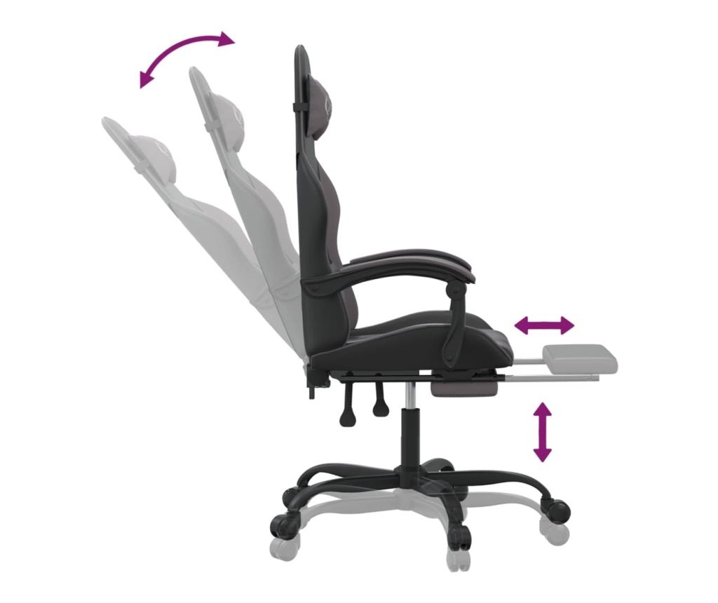 Въртящ се геймърски стол с подложка за крака, черна/сива еко кожа - 11