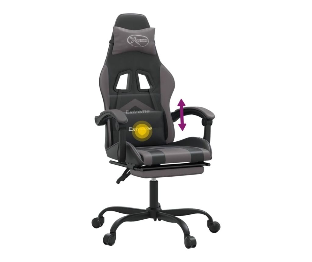 Въртящ се геймърски стол с подложка за крака, черна/сива еко кожа - 12