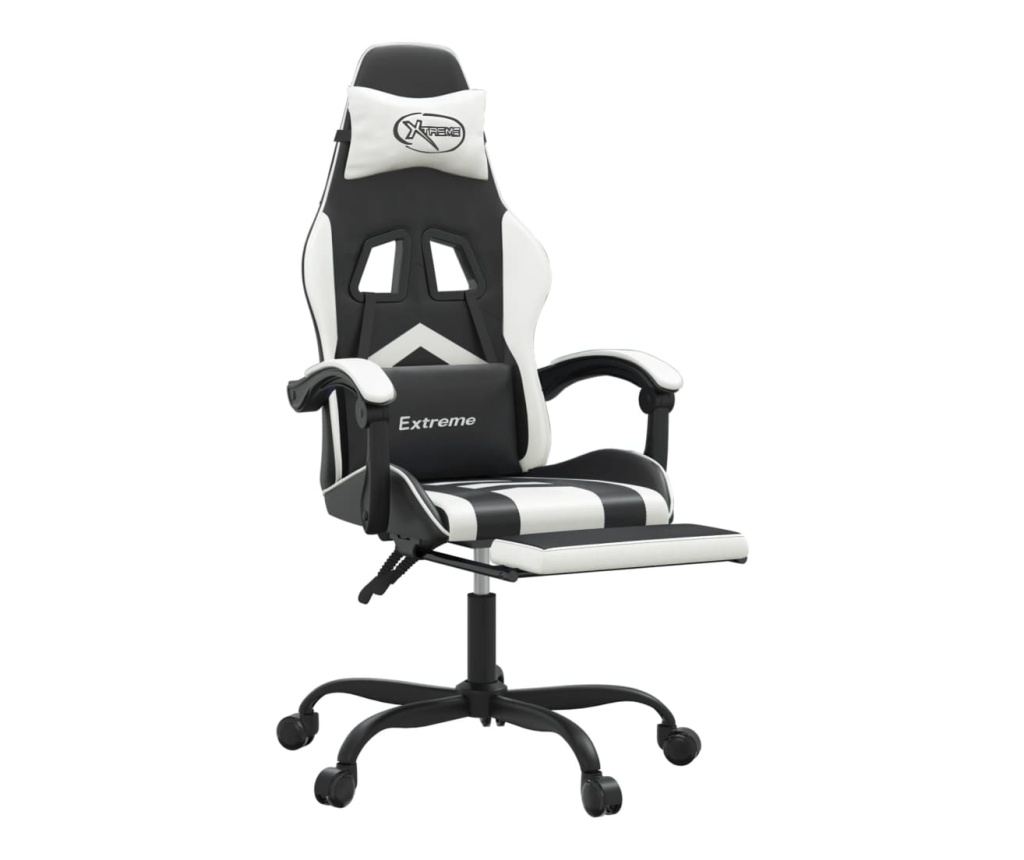 Геймърски стол с подложка за крака, черна/бяла еко кожа - 6