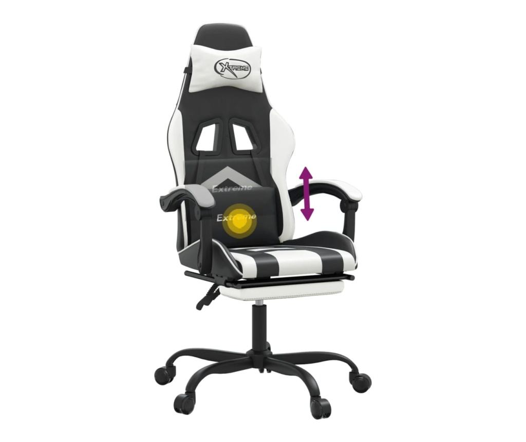 Геймърски стол с подложка за крака, черна/бяла еко кожа - 12