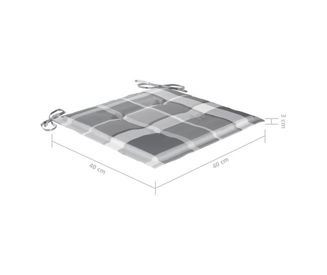 Градински столове, сиви карирани възглавници, 2 бр., масивна тикова дървесина