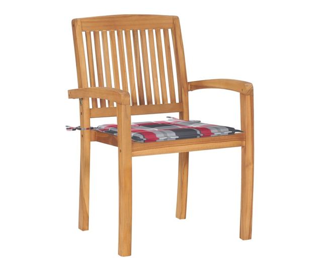 Градински столове с червен кариран десен, 2 бр., Масивно дърво тиково дърво