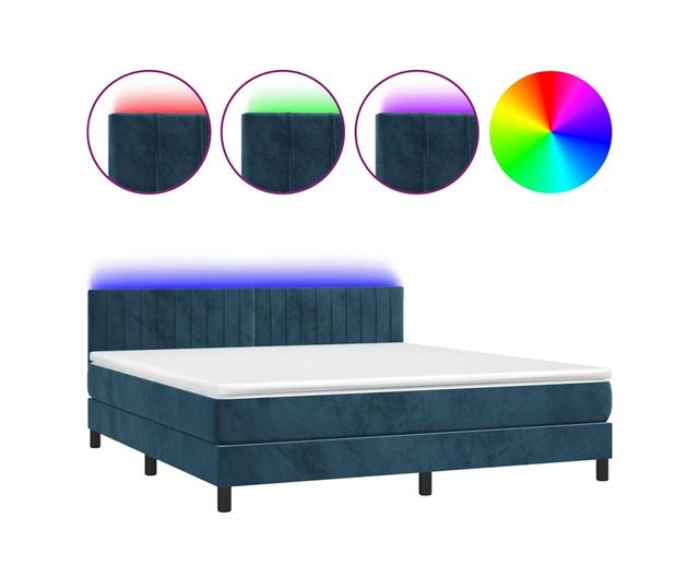 Рамка за легло с пружинен матрак и LED, тъмносин, 180x200 см, кадифе