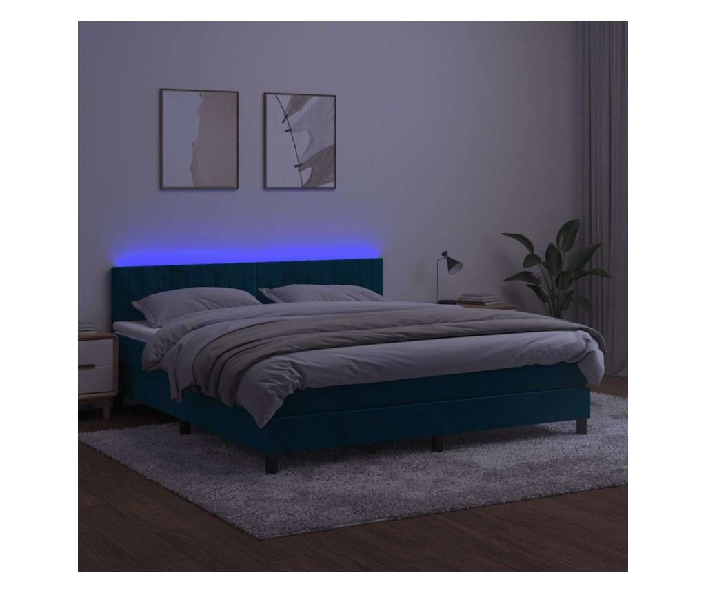 Рамка за легло с пружинен матрак и LED, тъмносин, 180x200 см, кадифе - 4