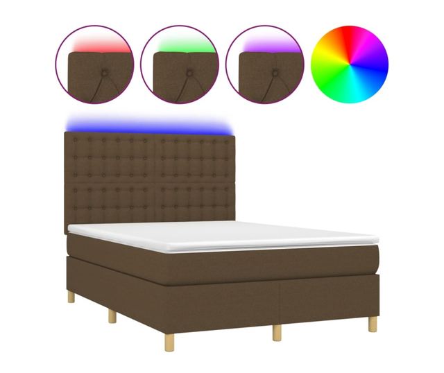 Пружинен спален комплект с матрак и LED, тъмнокафяв, 140x190 см, текстил