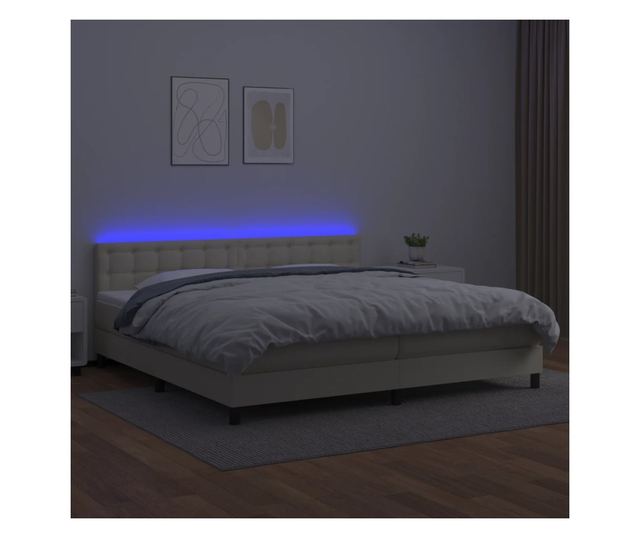 Пружинен спален комплект с матрак и LED, крем, 200x200 см, еко кожа
