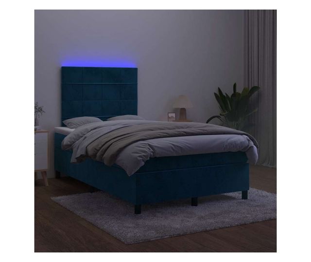 Пружинен спален комплект с матрак и LED, син, 120x200 см, кадифе