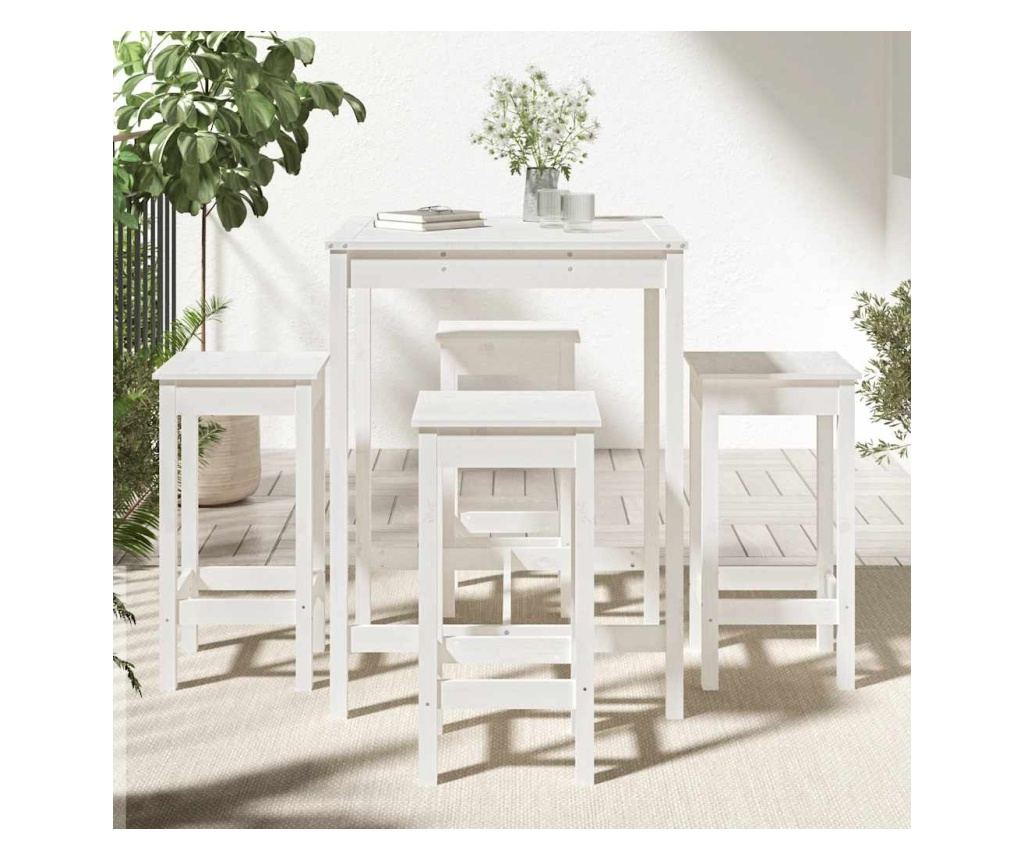 Градински бар комплект, 5 части, бял, масивна борова дървесина - 3