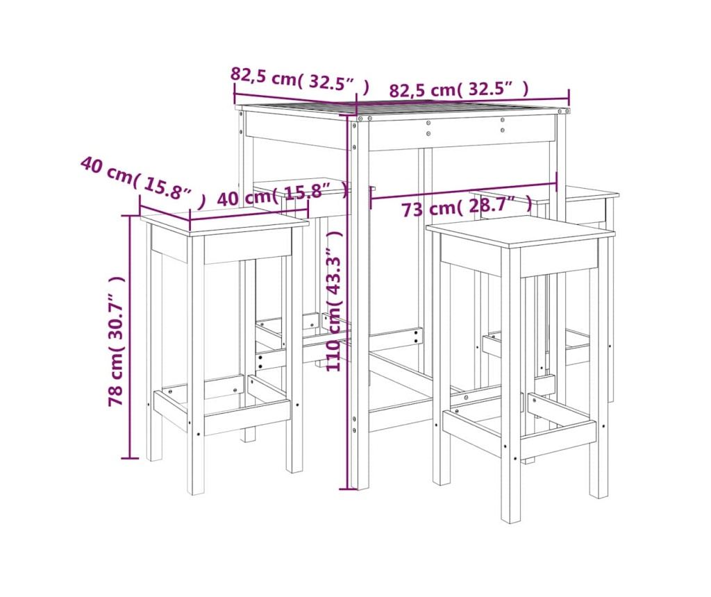 Градински бар комплект, 5 части, бял, масивна борова дървесина - 10